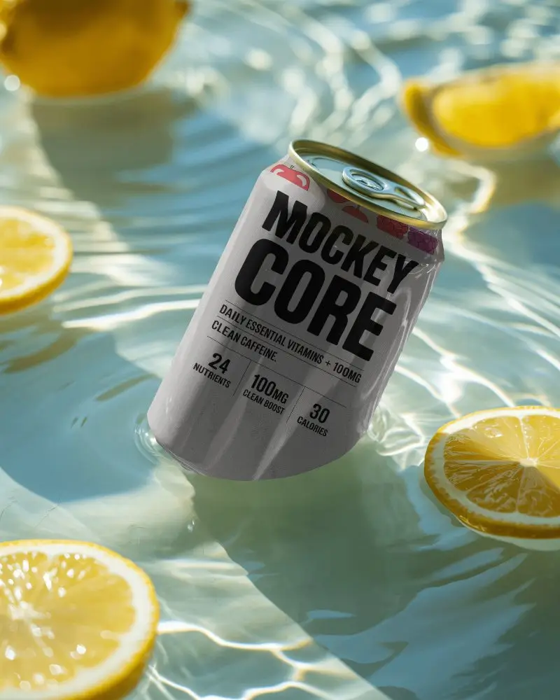 Lemon Water Can Mockup Refreshing Drink Floating Amid Citrus Slices In Sunlight