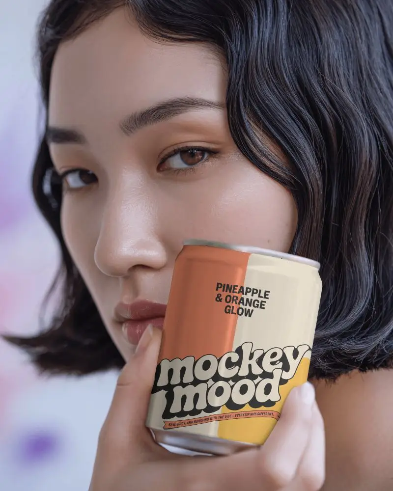 Elegant Portrait Can Mockup Woman Holding Sleek Beverage Near Face In Soft Light