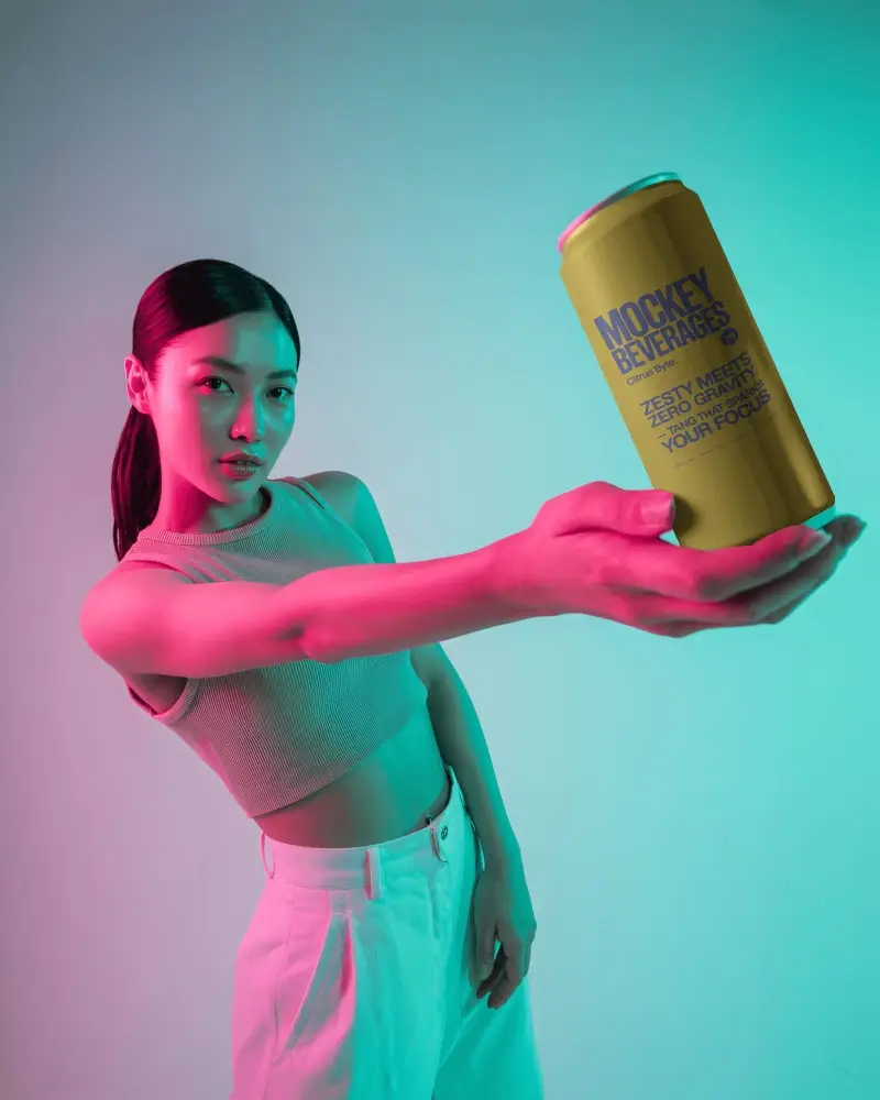 Neon Vibe Can Mockup Futuristic Portrait Woman Extending Drink Under Color Lights