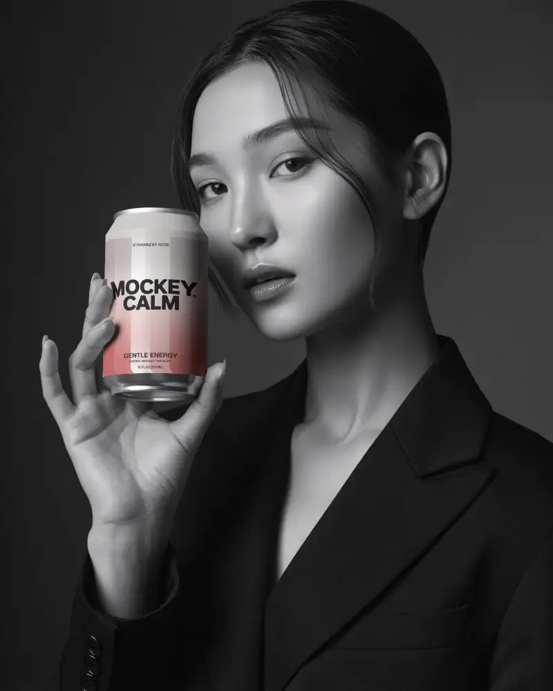 Monochrome Elegance Can Mockup Black And White Portrait With Beverage