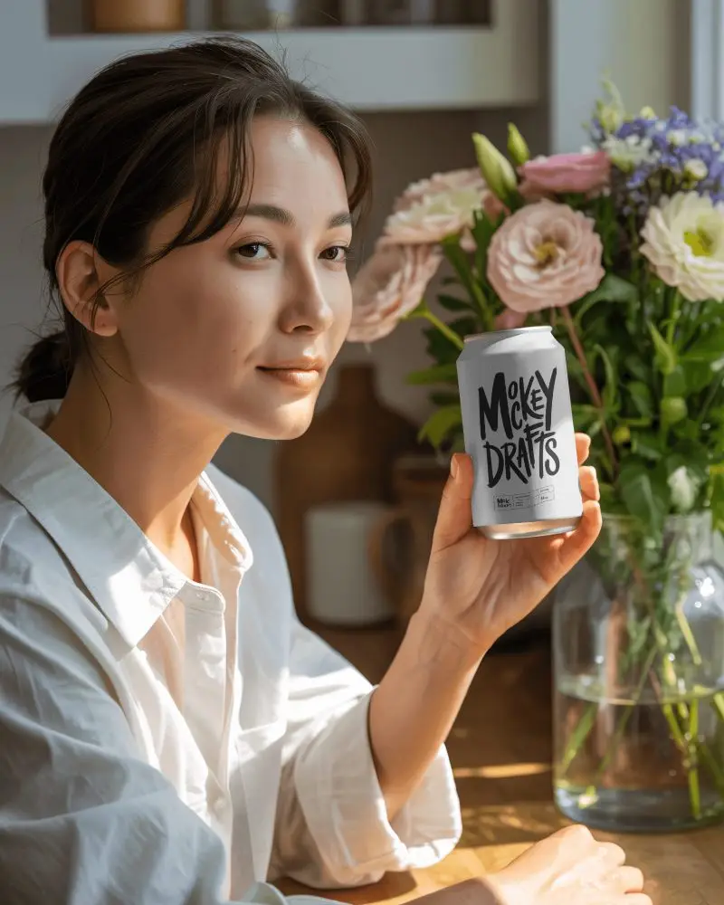 Floral Background Beverage Can Mockup Female Model In Soft Sunlit Home Interior
