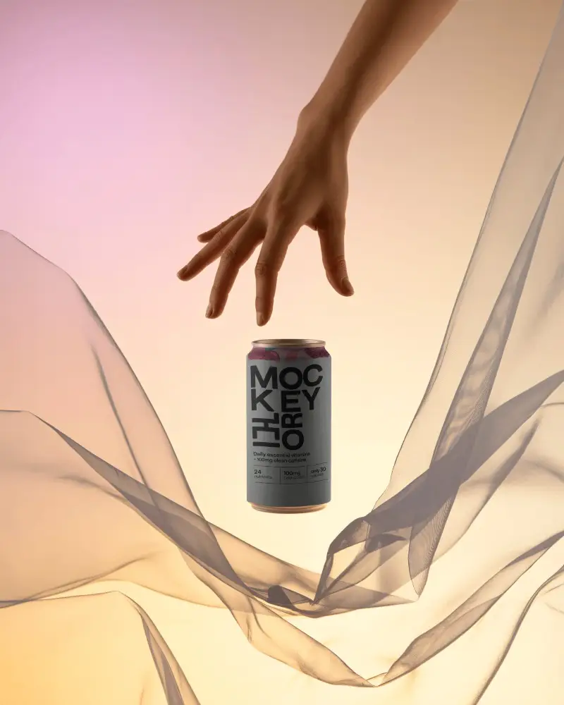 Ethereal Hand Reaching Can Mockup Floating Black Can With Soft Fabric Motion Background