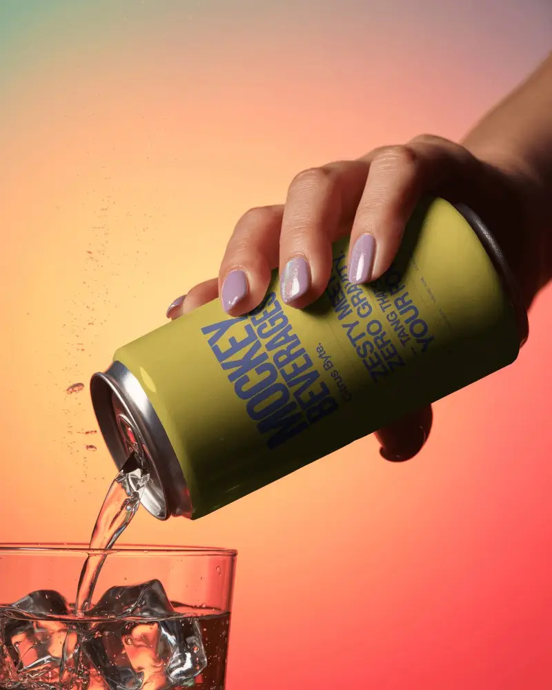 Beverage Pour Can Mockup Refreshing Drink Filling Glass With Vivid Color Backdrop