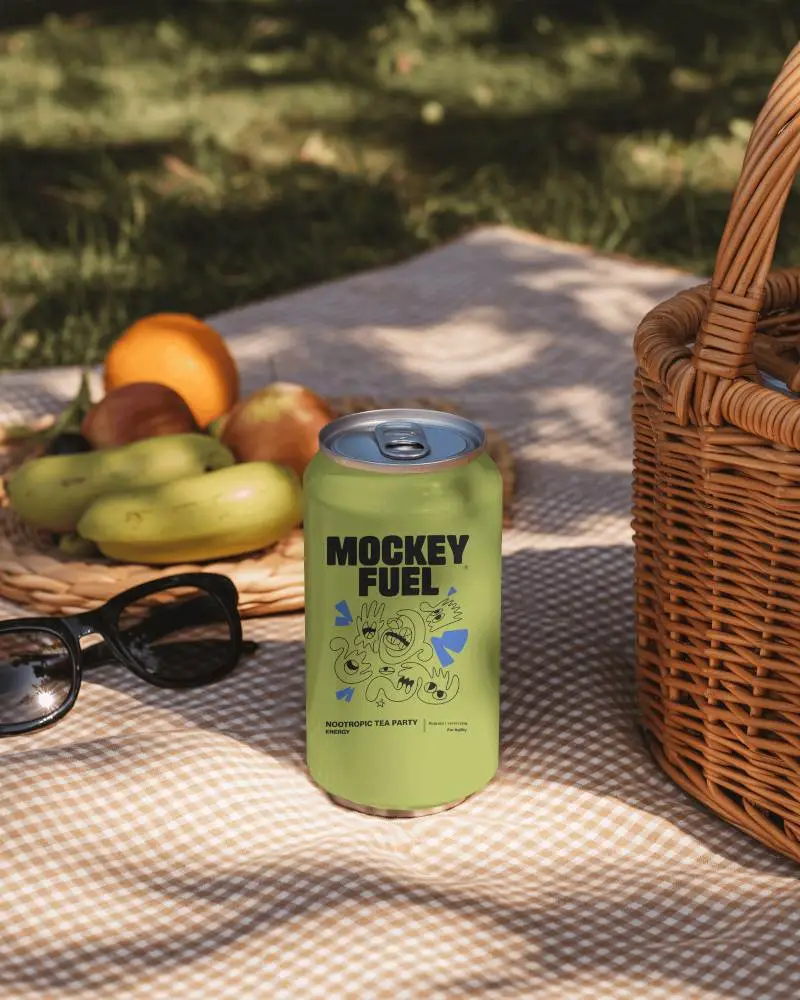 Outdoor Picnic Can Mockup Black Can On Blanket With Fruits And Wicker Basket