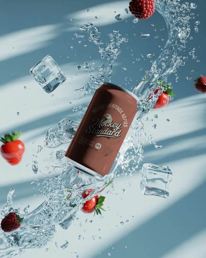 Splash Action Can Mockup Black Beverage With Strawberries Ice And Dynamic Water Motion