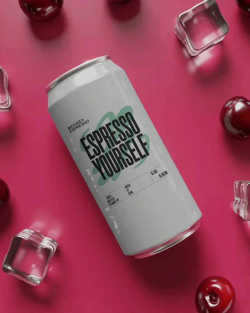 Cherry Ice Can Mockup Black Can On Red Surface With Fresh Cherries And Ice Cubes