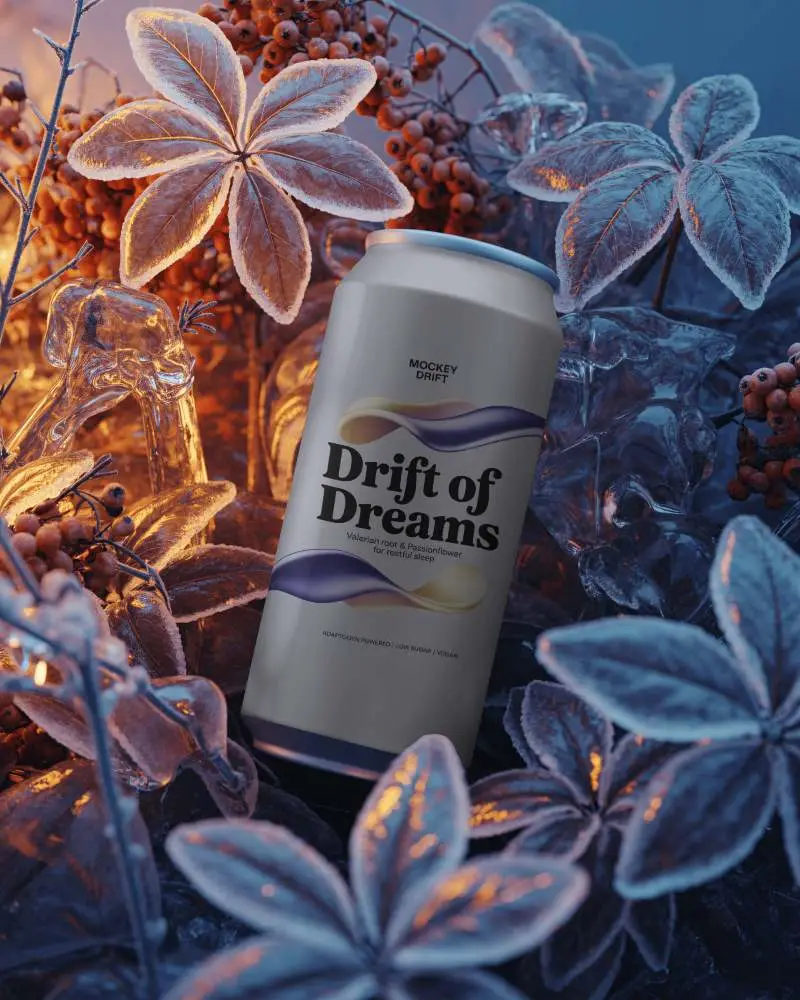 Frosty Floral Drink Mockup Beverage Surrounded By Icy Leaves And Warm Orange Light