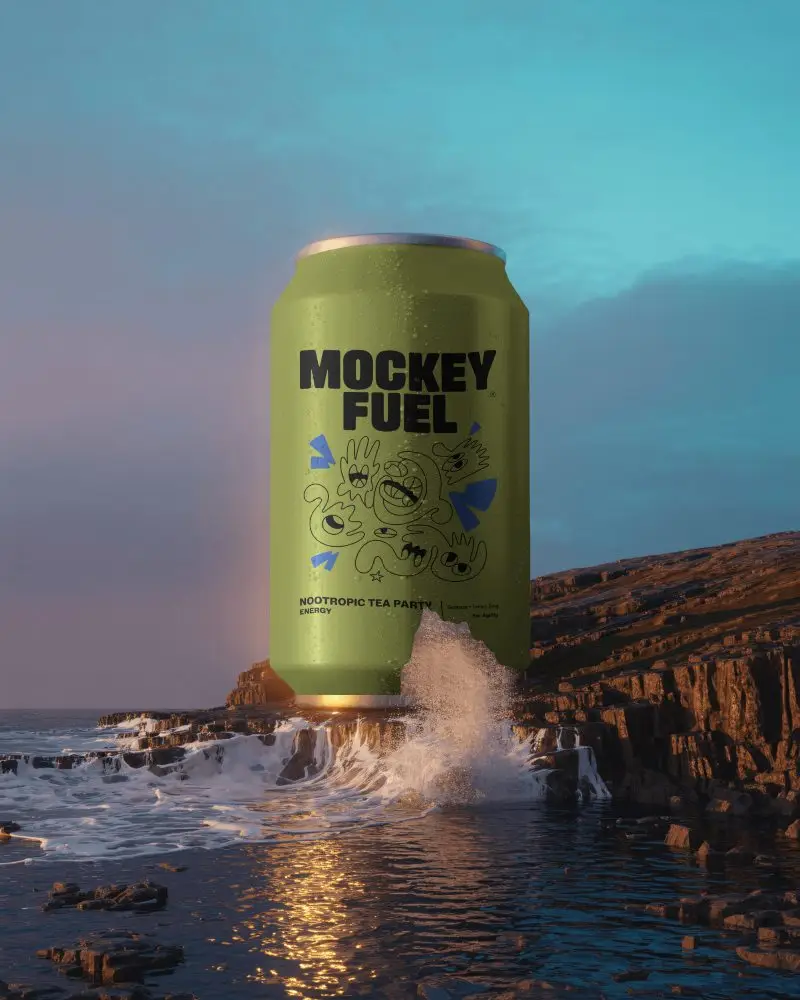 Ocean Splash Beverage Can Mockup Giant Drink Over Rocky Coastline At Sunset Horizon