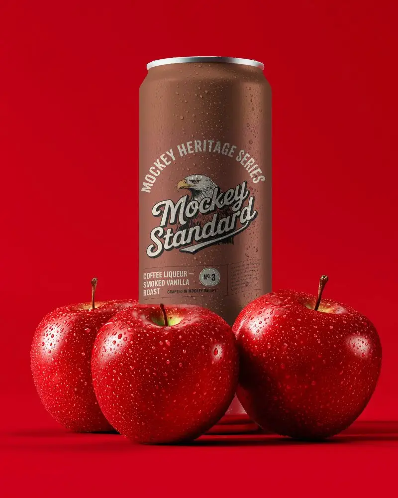 Fresh Cold Beverage Can Mockup With Wet Droplets Surrounded By Juicy Apples On Vibrant Background