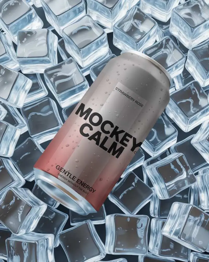 Cold Beverage Can Mockup Placed On Transparent Ice Cubes For Refreshing Drink Promotion