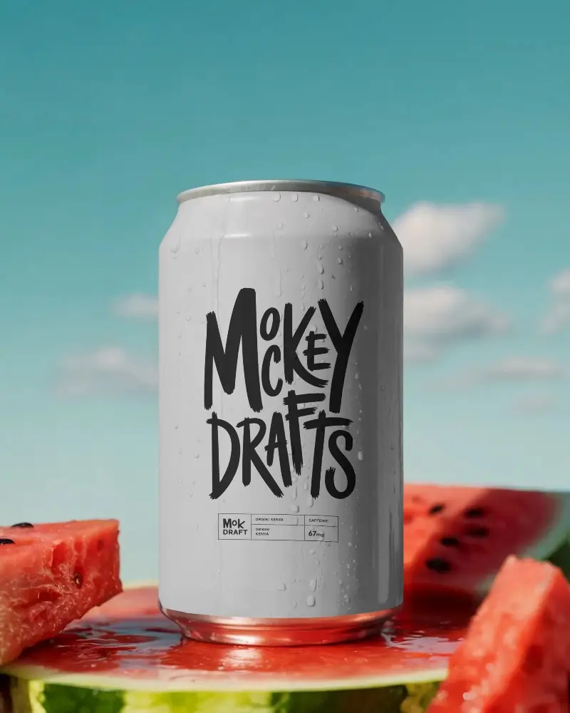 Realistic Beverage Can Mockup On Watermelon Slice With Water Droplets Summer Drink Promotion