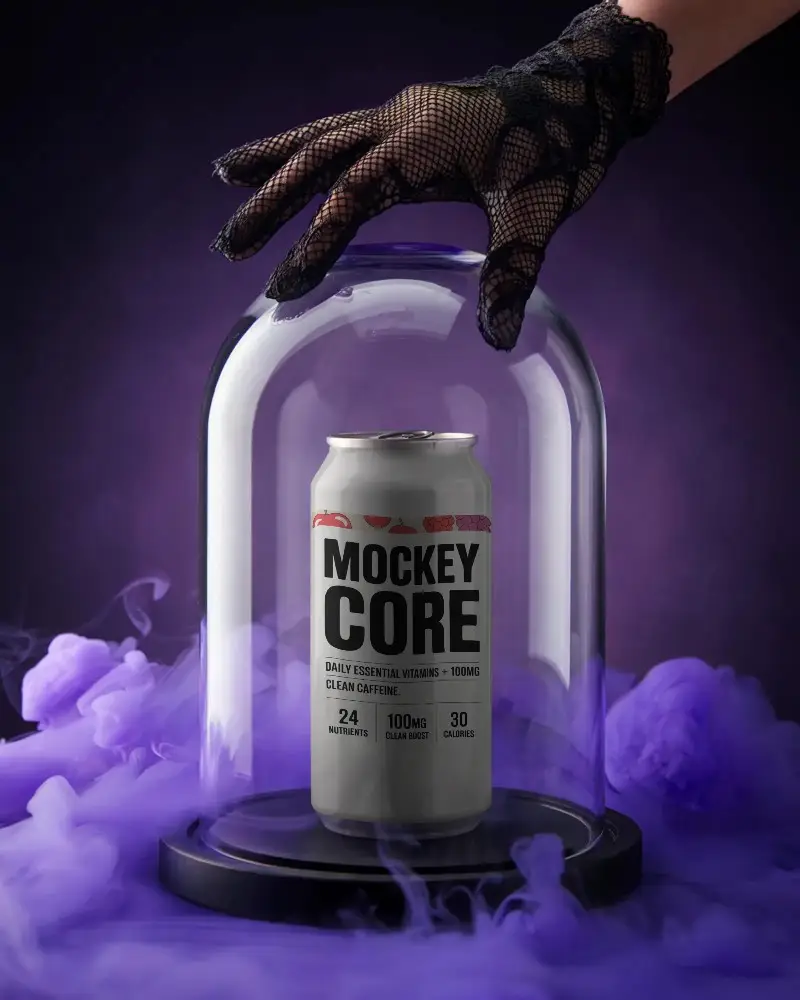 Premium Can Mockup Under Glass Dome With Mystic Smoke And Gloved Hand Touching Top