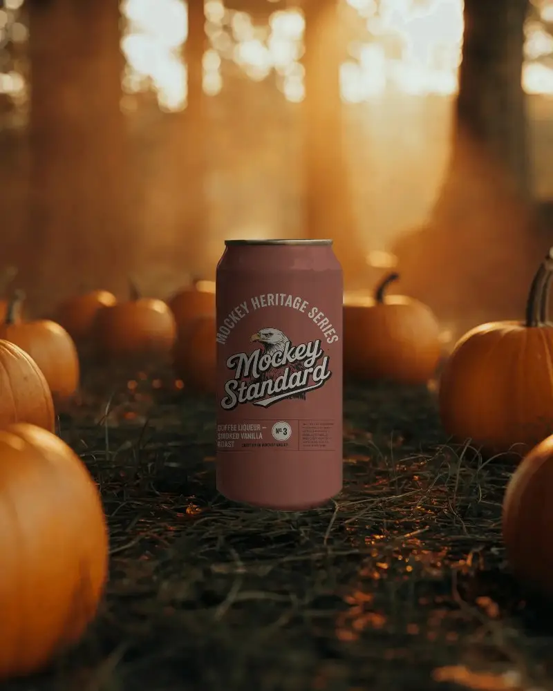 Blank Beverage Can Mockup Standing On Grass Amid Harvest Pumpkins Outdoor Setting