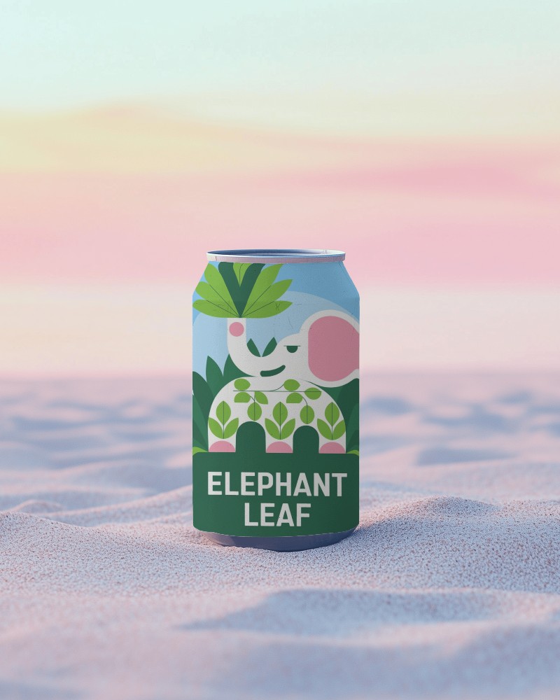 Organic Drink Can Mockup Fun Elephant Branding With Soft Coastal Background