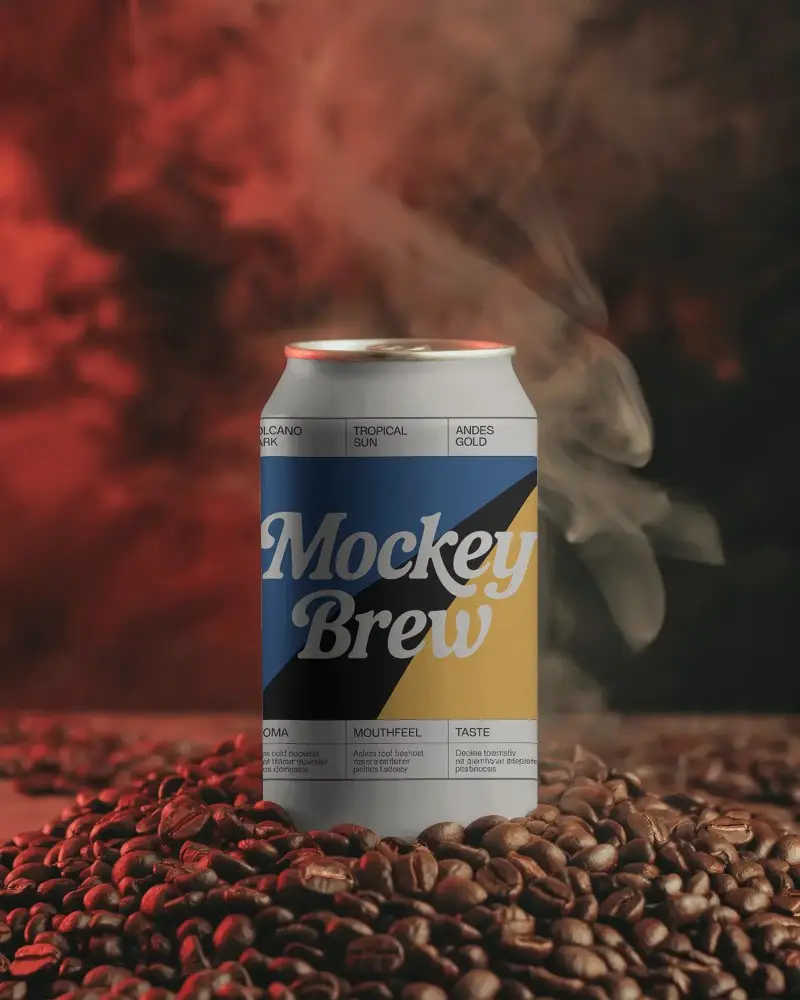 Sleek Cylindrical Can Mockup Surrounded By Coffee Beans With Steamy Background For Design