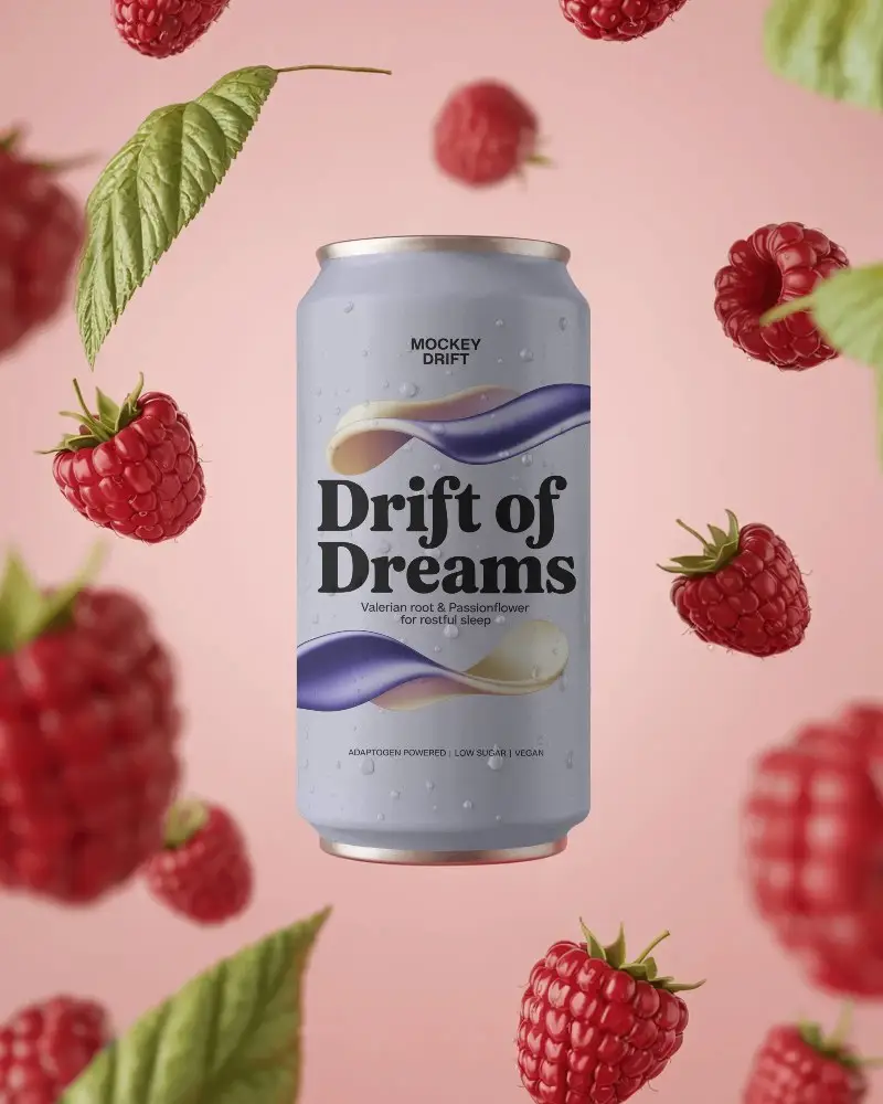 Cold Drink Can Mockup Floating Amidst Fresh Berry Fruits With Droplets For Branding