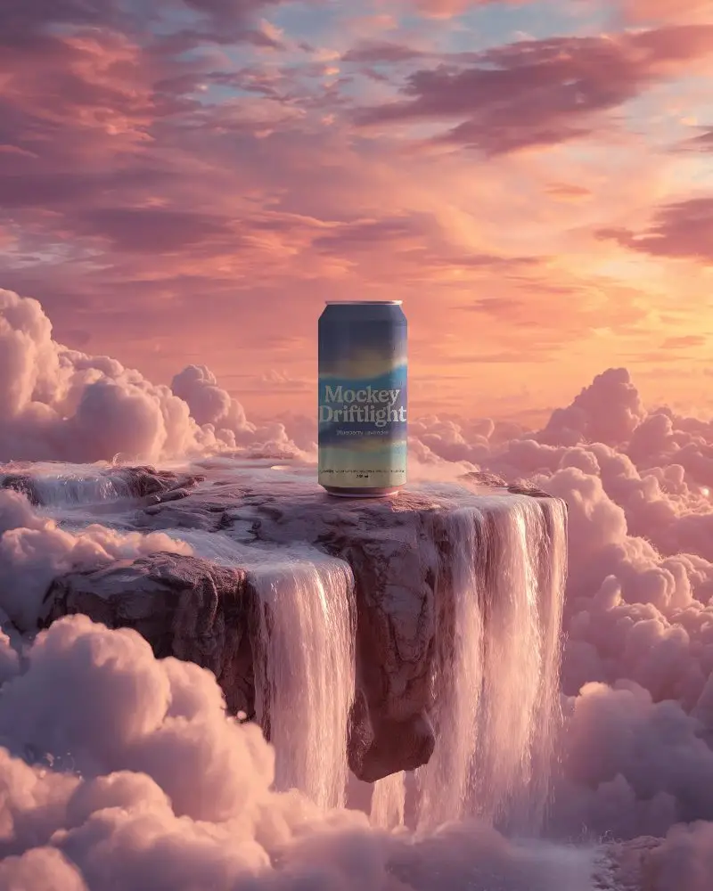 Creative Floating Rock Waterfall Can Mockup Ideal For Drink Packaging Promotional Use