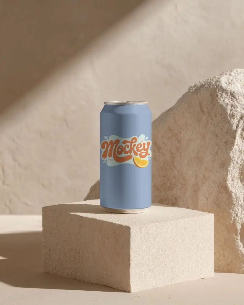 Premium Soda Can Mockup On Textured Stone Block Minimalist Style For Beverage Branding