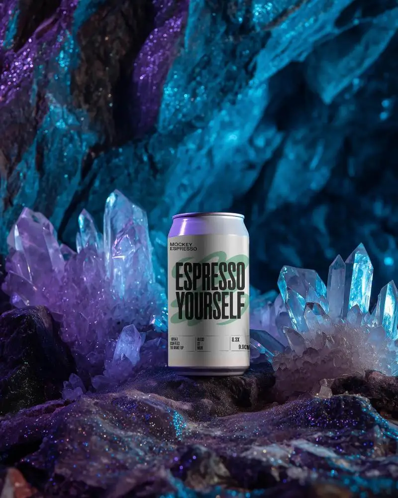 Premium Metallic Can Mockup Sitting Among Luminous Crystals For Brand Visuals