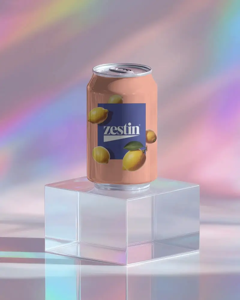 Realistic Drink Can Mockup Displayed On Transparent Block With Vibrant Holographic Hue