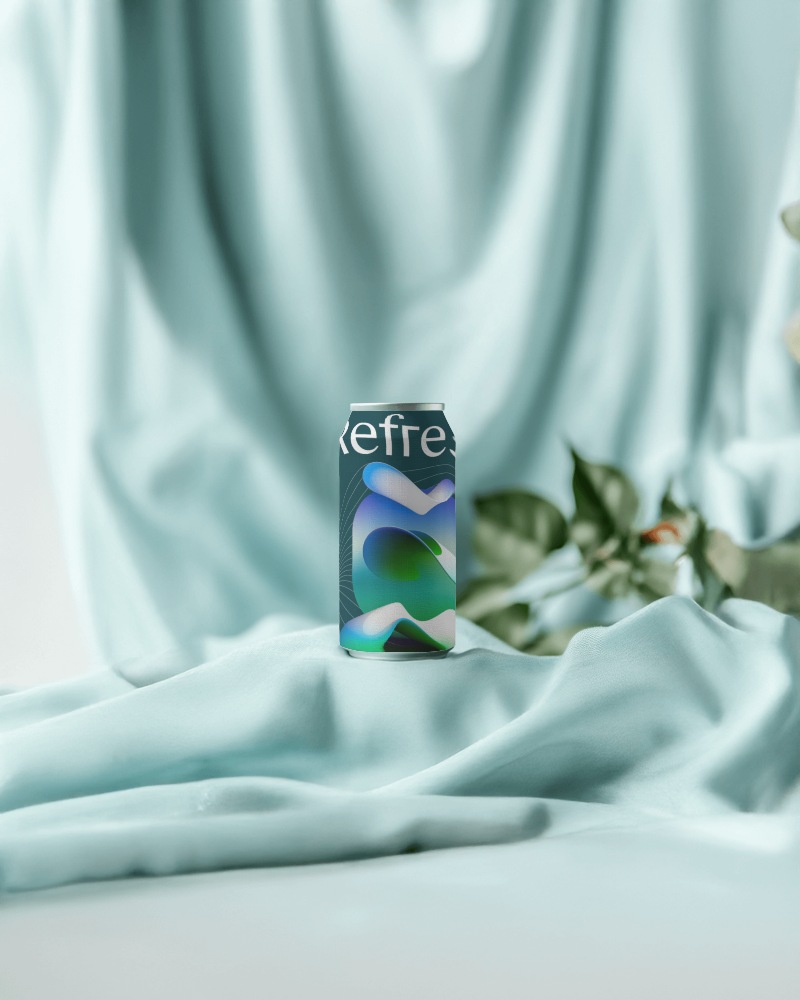 High End Energy Drink Can Mockup Abstract Gradient Label With Lush Fabric Backdrop