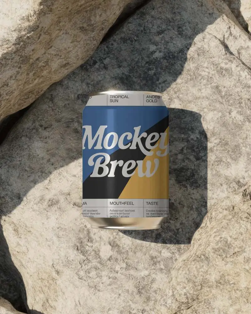 Realistic Can Mockup On Natural Rocks Surface For Product Design Display