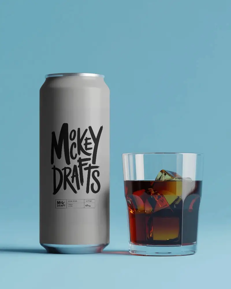 Tall Soda Can Mockup With Glass Of Iced Beverage On Smooth Solid Background