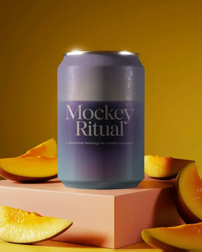 Refreshing Fruit Flavored Beverage Can Mockup For Tropical Drink Packaging Design