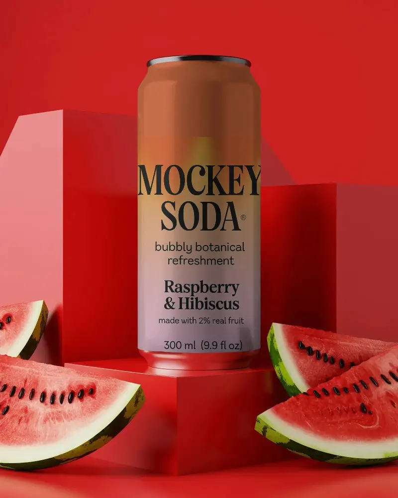 Refreshing Watermelon Flavored Beverage Can Mockup With Fruit Slices On Red Background