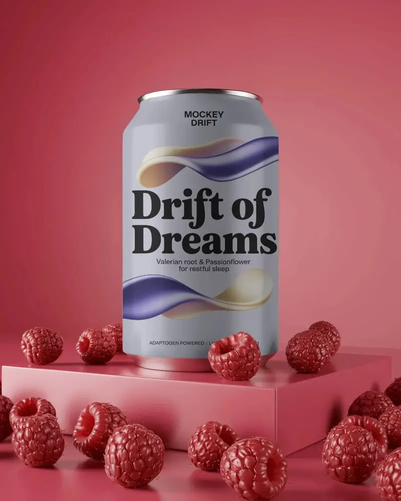 Premium Soda Can Mockup With Raspberry Themed Background Ideal For Beverage Packaging Design