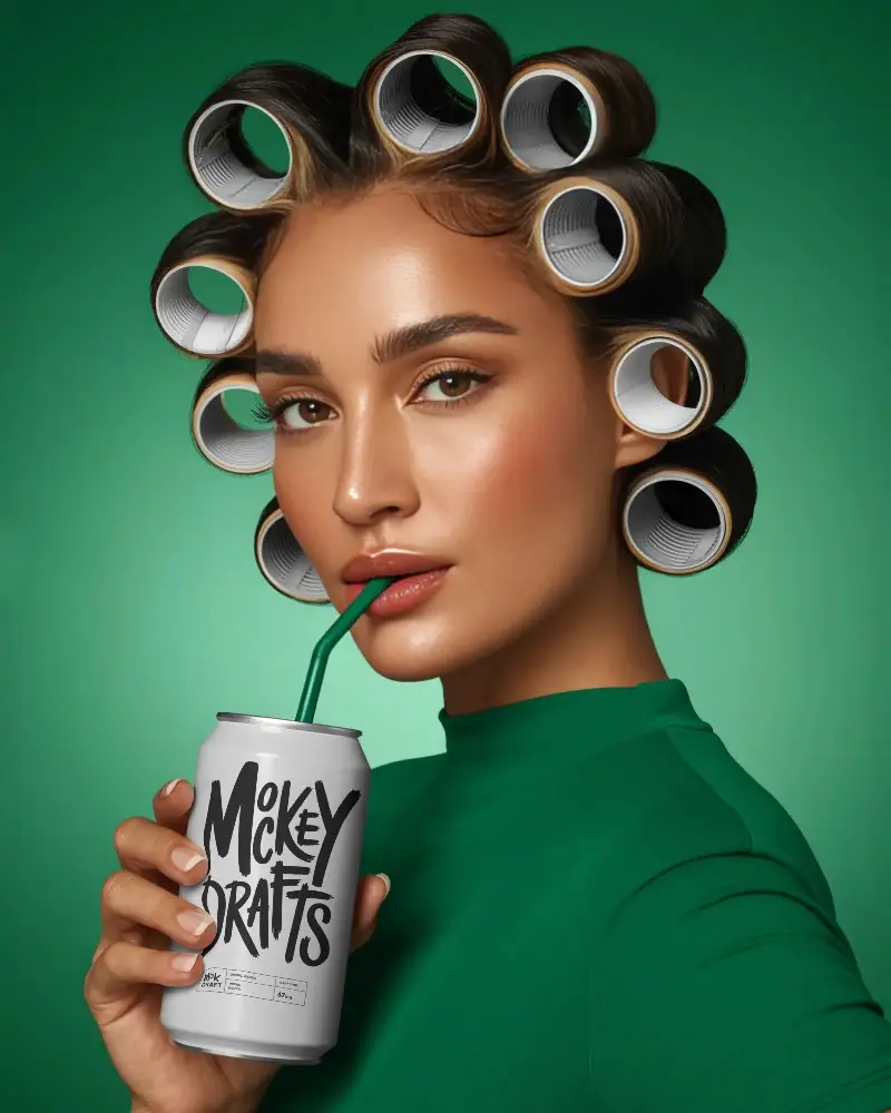 Realistic Soda Can Mockup In Hand With Urban Fashion Style And Curly Hair Rollers
