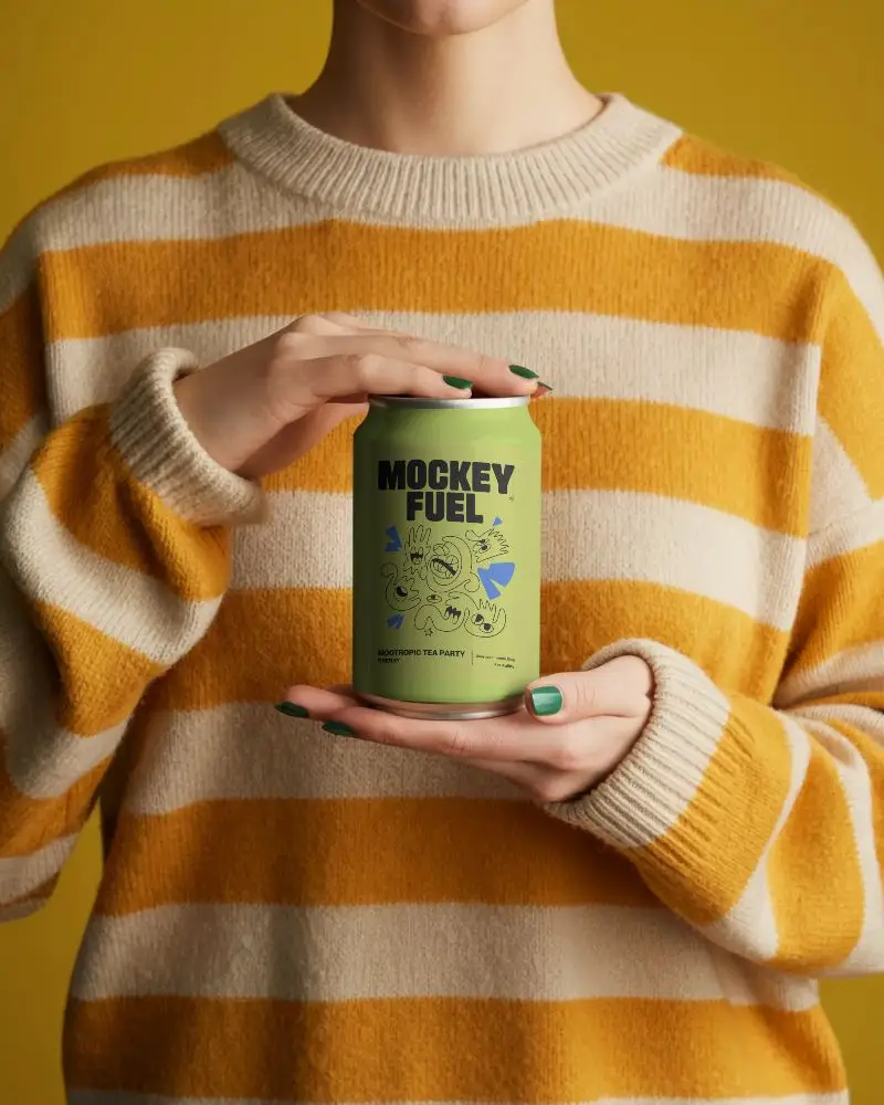 Person Holding Custom Can Mockup For Beverage Branding And Packaging Design Pitch