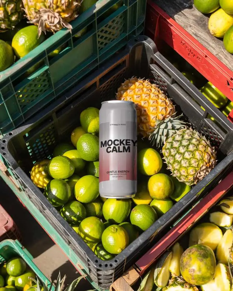Sleek Tall Can Mockup Placed In Fresh Tropical Fruit Box For Refreshing Beverage Promotion