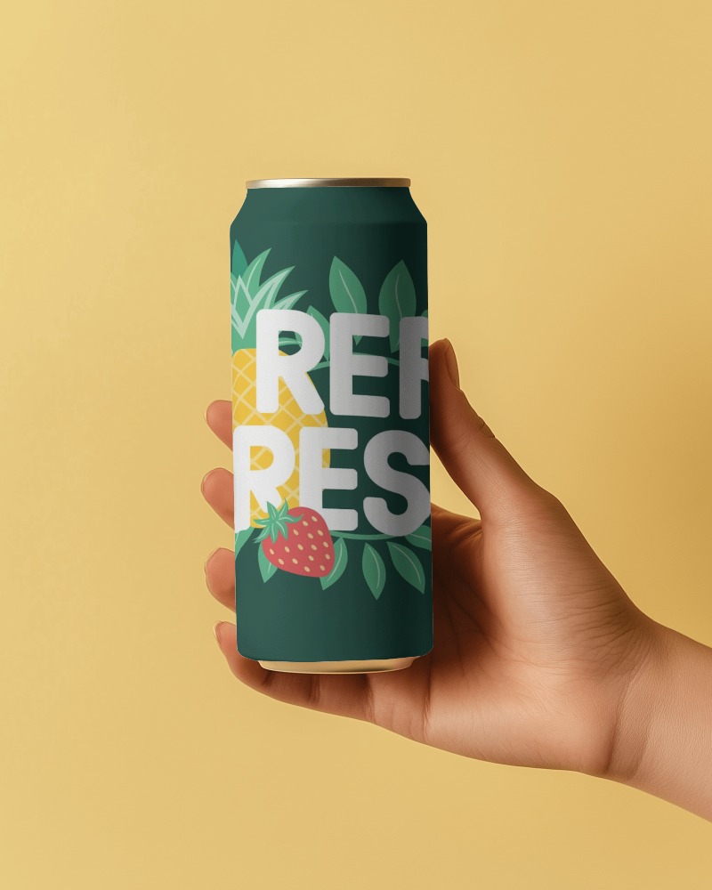 Professional Tropical Flavored Soda Can Mockup With Hand Model And Clean Composition