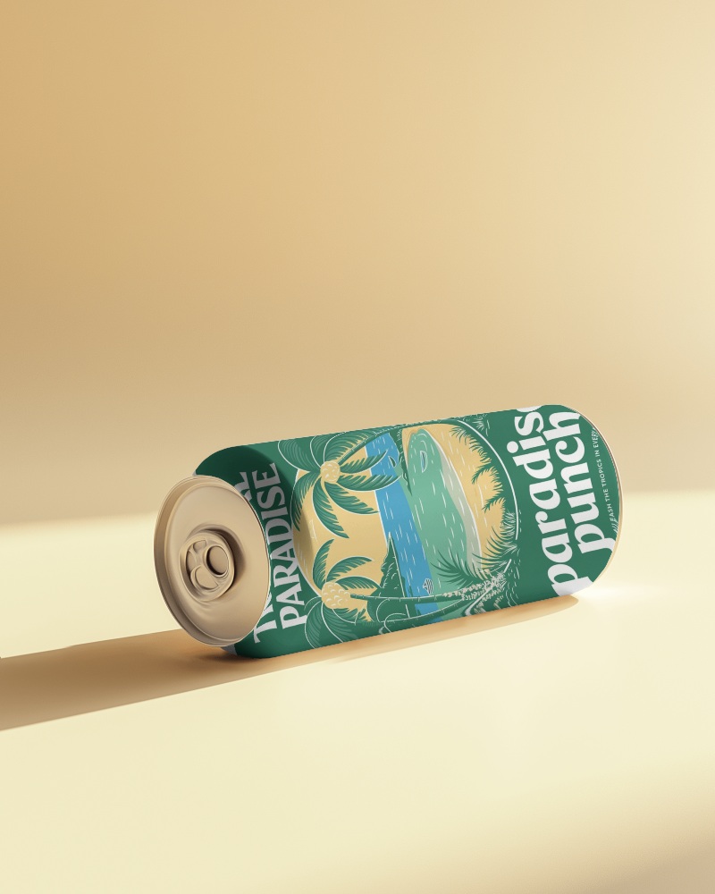 Modern Fruit Soda Can Mockup Showcasing Exotic Resort Style Packaging Design