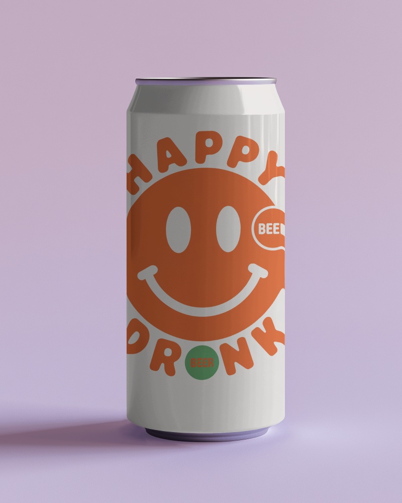 Modern Beer Can Mockup With Bold Happy Smiley Design On Soft Purple Background