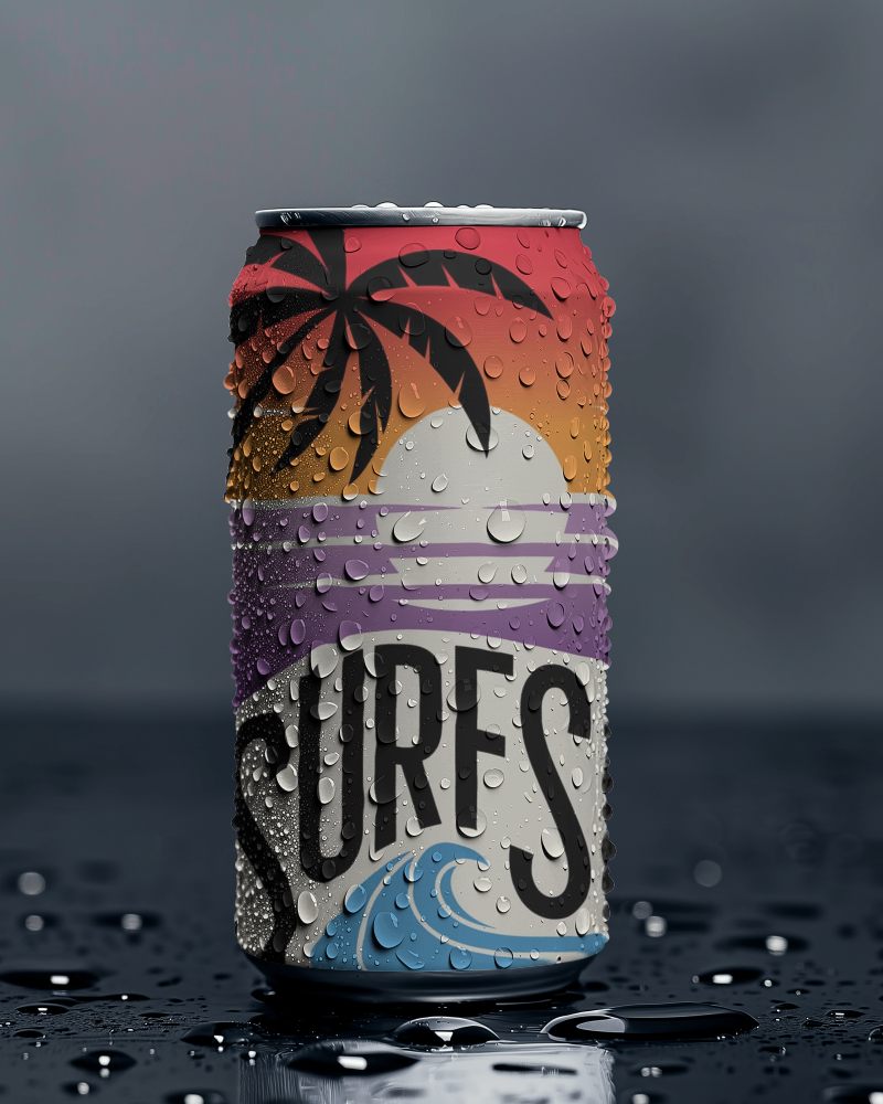 Water Droplet Covered Soda Can Mockup Chilled Drink Packaging With Sunset And Surf Theme