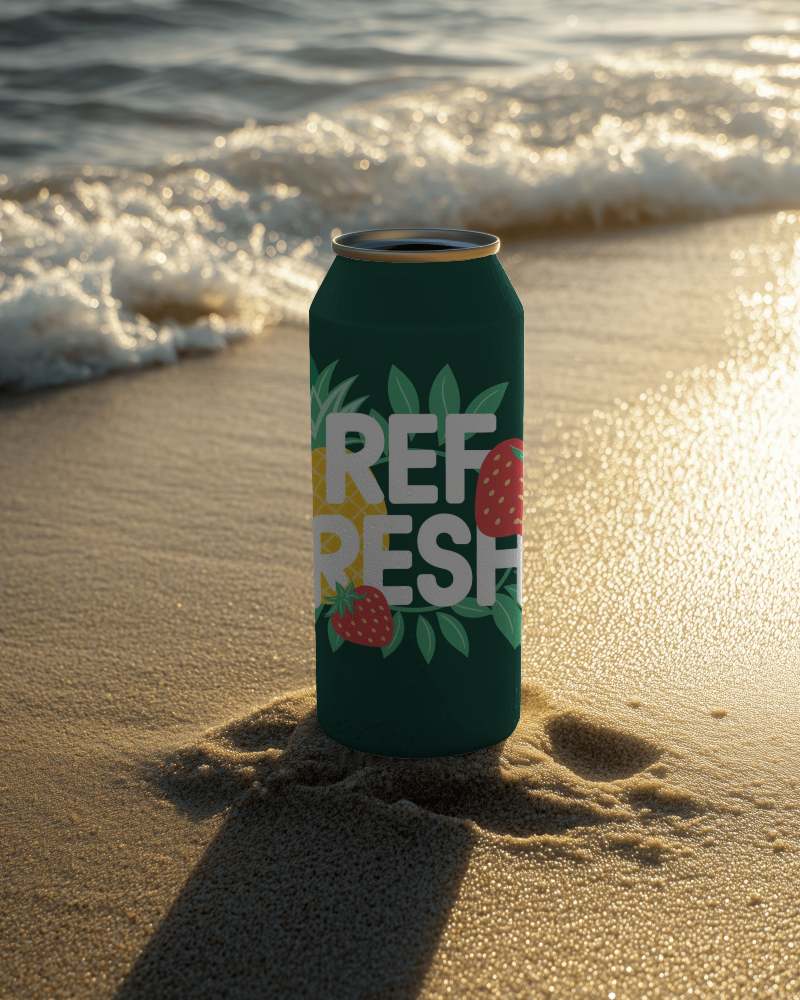 Golden Hour Soda Can Mockup Premium Fruit Infused Drink Packaging On Sandy Beach With Ocean Waves