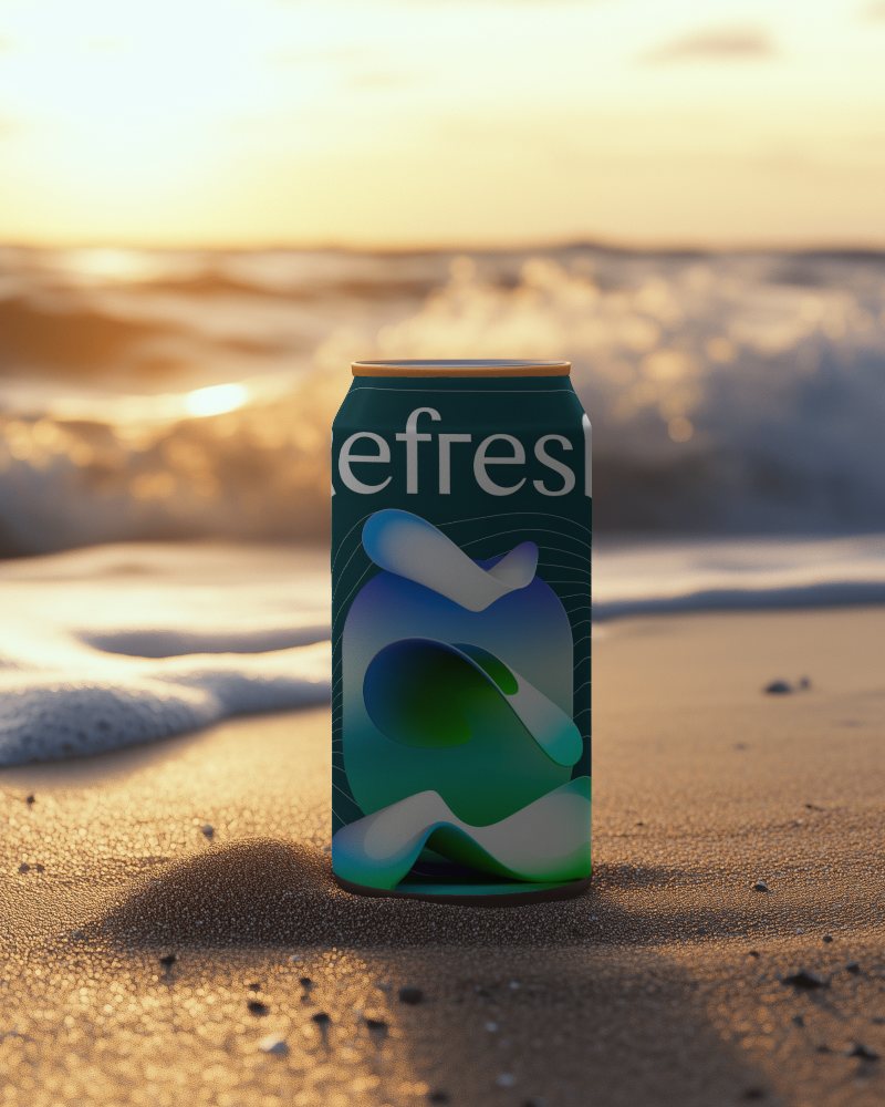 Futuristic Fruit Drink Can Mockup Abstract Fluid Design Packaging With Tranquil Beach Vibes