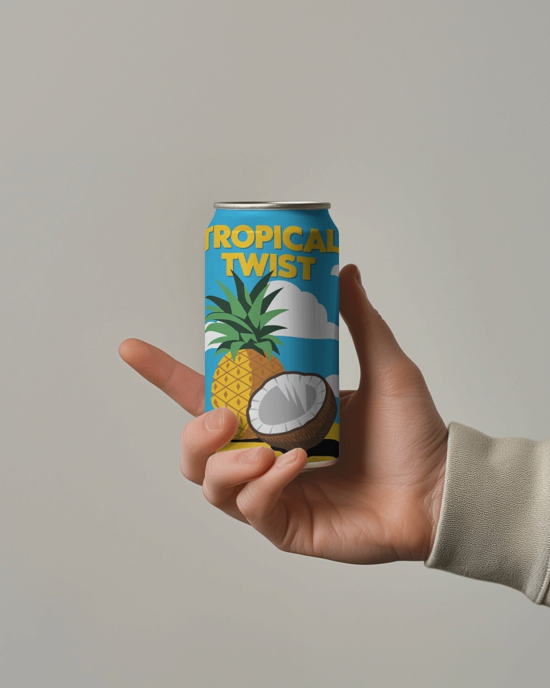 Refreshing Cocktail Can Mockup Stylish Hand Presentation With Tropical Flavor Packaging Design