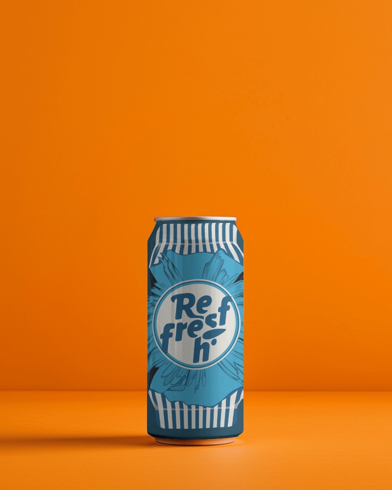Vibrant Orange Backdrop Beverage Can Mockup Bold Blue Refreshing Drink Packaging With Modern Design