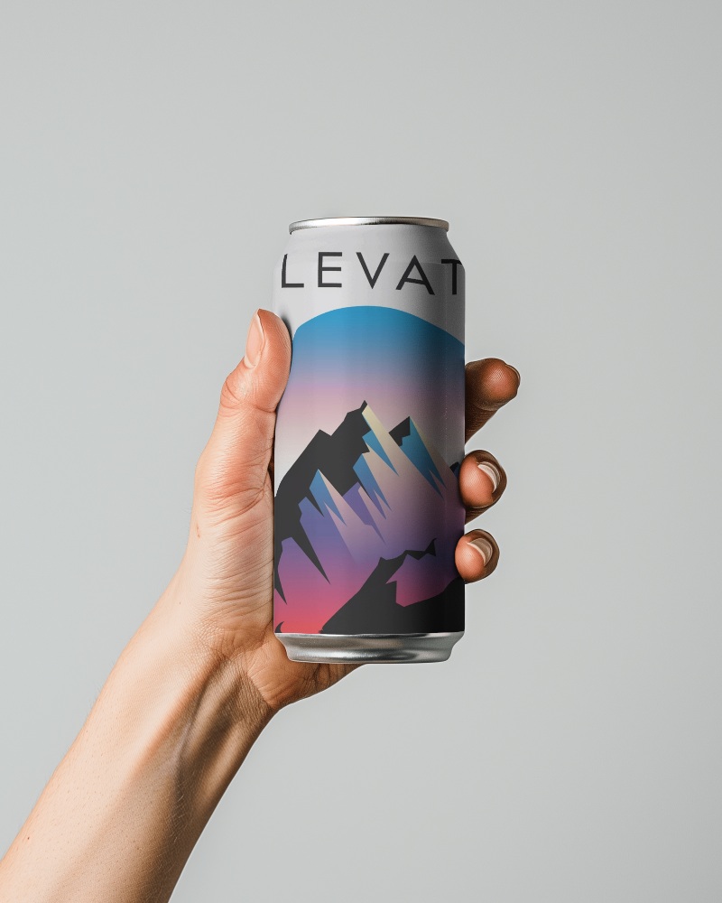Modern Aluminum Can Mockup Hand Holding Sleek Minimalist Drink Packaging With Mountain Illustration