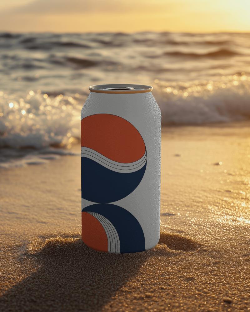 Sunset Beach Beverage Can Mockup Refreshing Drink Packaging On Wet Sand With Waves In Background