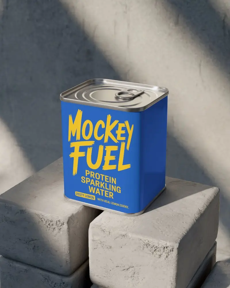 Square Can Mockup On Textured Cement Blocks Harsh Light Shadow Modern Industrial Outdoor Scene