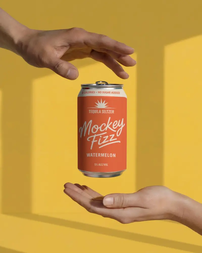 Floating Can Mockup Vibrant Yellow Background Hands Reaching Dynamic Light Modern Summer Energy