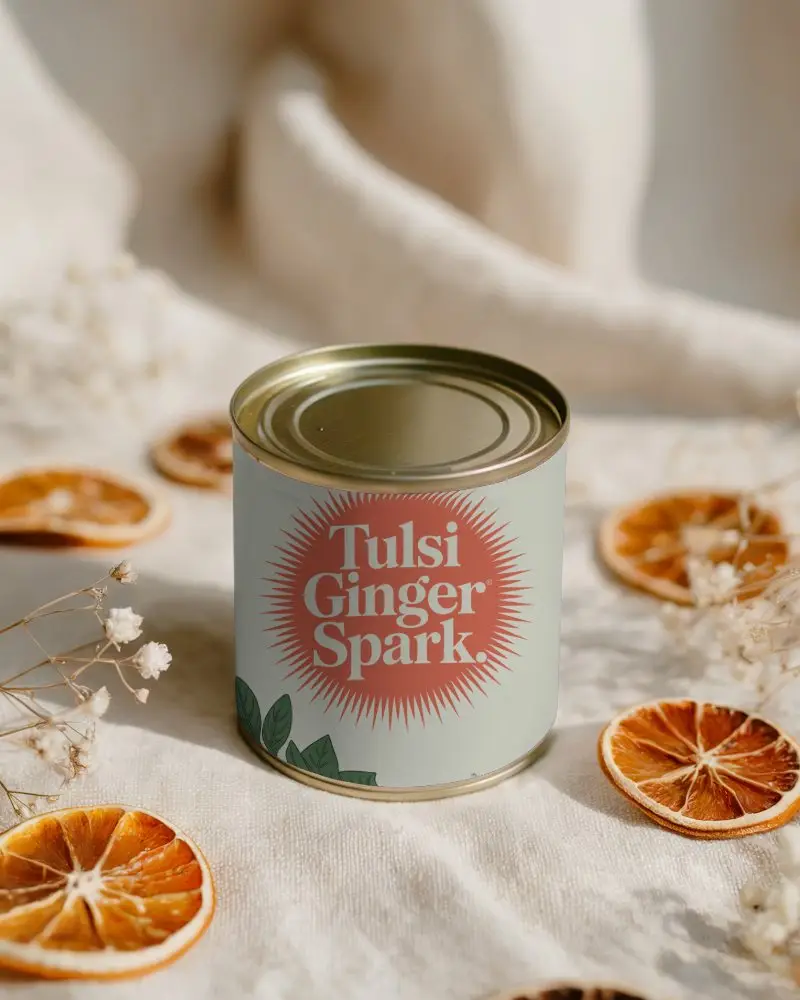 Tin Can Mockup On Soft Linen Dried Orange Slices And Baby Breath Aesthetic Cozy Natural Light