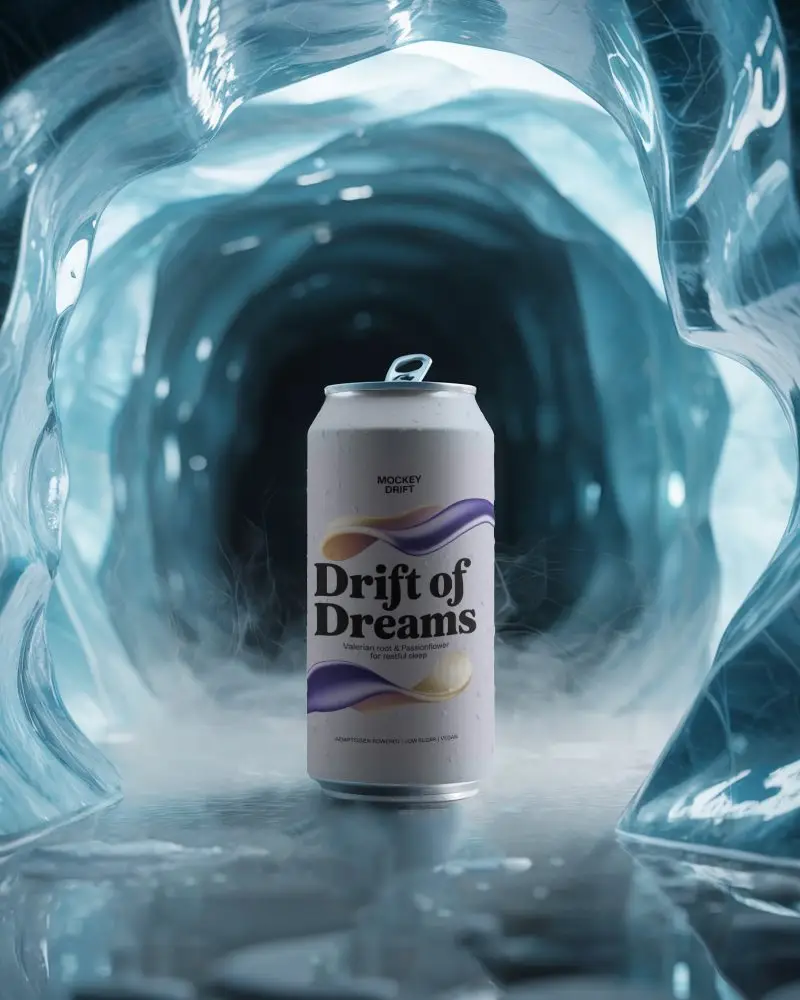 Tall Can Mockup Inside Icy Cave Misty Vapor Dreamy Cold Environment Cinematic Moody Visual Style