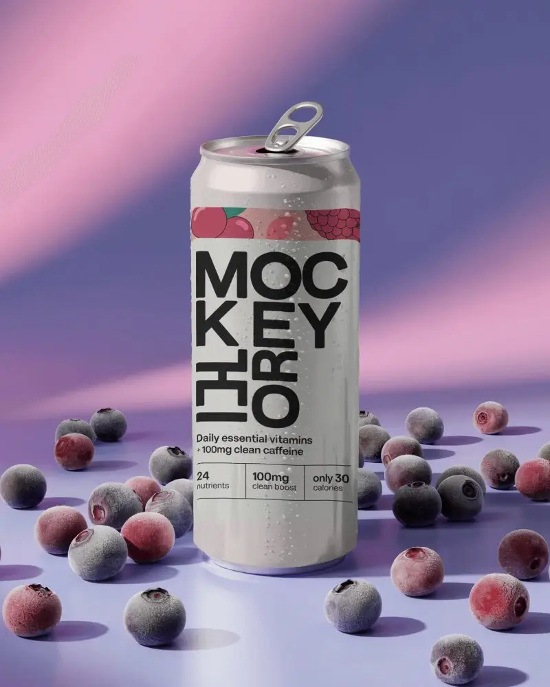 Can Mockup With Frozen Berries Pink Purple Gradient Backdrop Cool Condensed Surface Effect