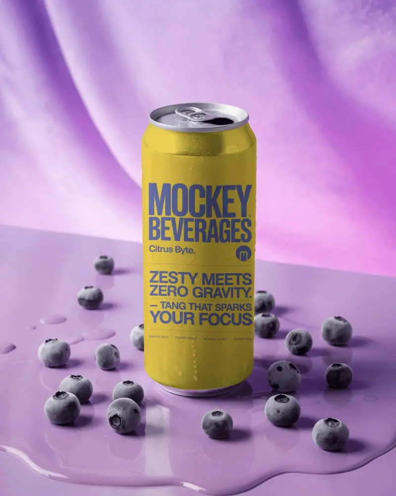 Can Mockup On Purple Surface With Blueberries Liquid Pool Glossy Vibrant Pop Scene