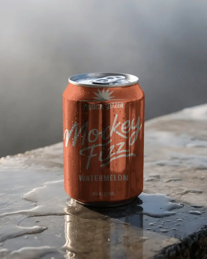 Chilled Can Mockup On Wet Stone Surface Natural Light Condensation Effect Outdoor Refreshing Scene